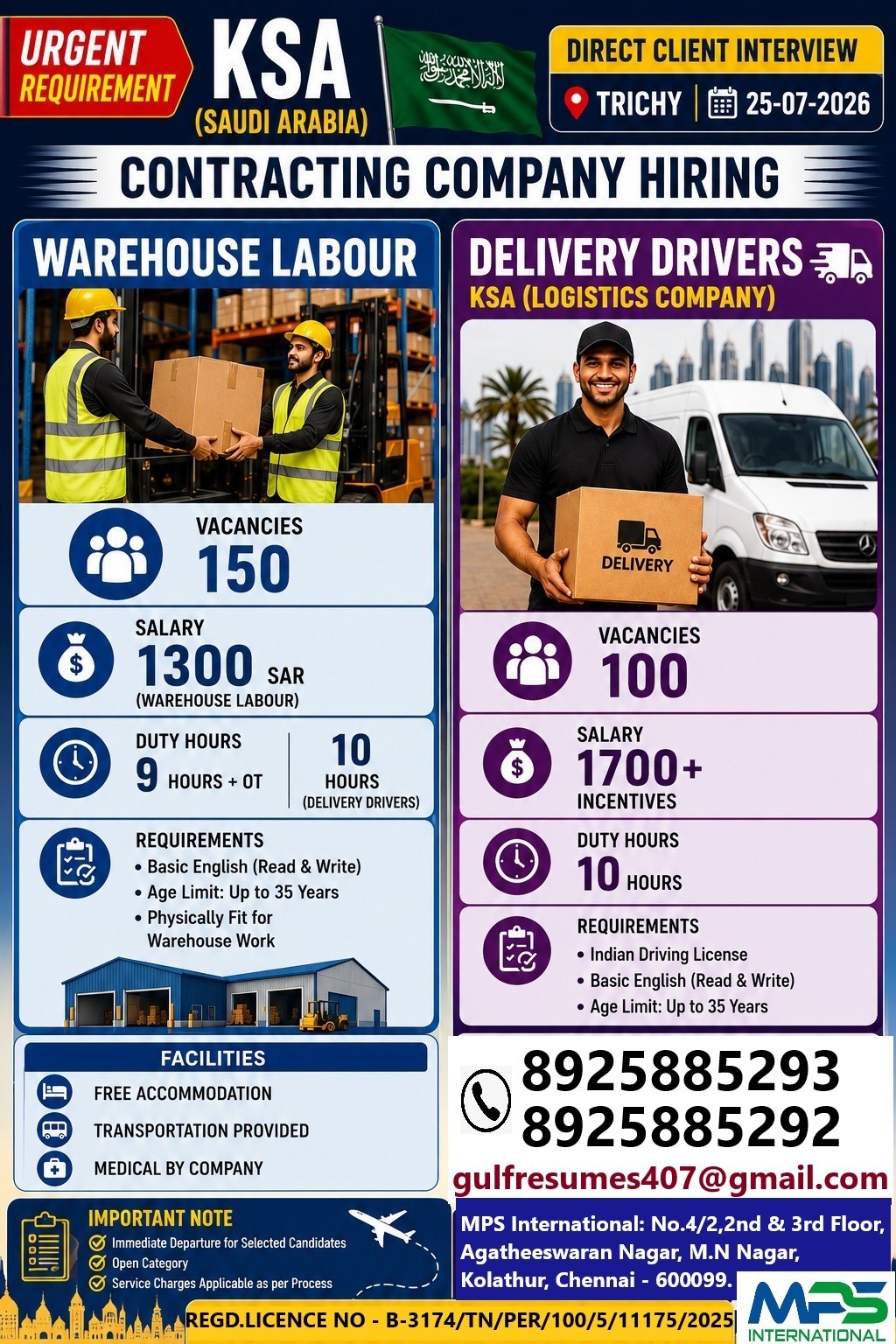 URGENT REQUIREMENT KSA (SAUDI ARABIA) DIRECT CLIENT INTERVIEW TRICHY | 25-07-2026 CONTRACTING COMPANY HIRING
