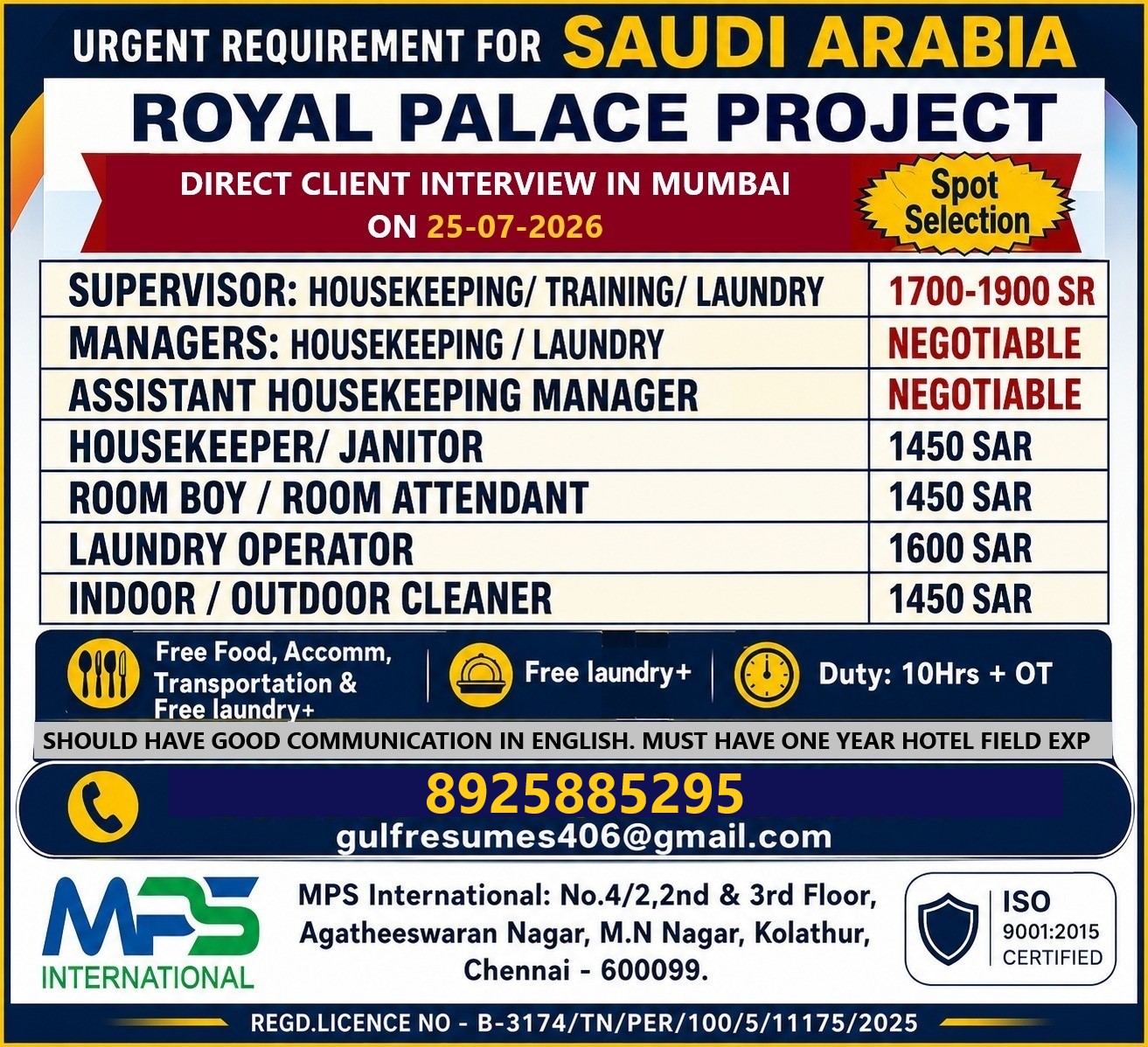 URGENT REQUIREMENT FOR SAUDI ARABIA ROYAL PALACE PROJECT DIRECT CLIENT INTERVIEW IN MUMBAI ON 25-07-2026