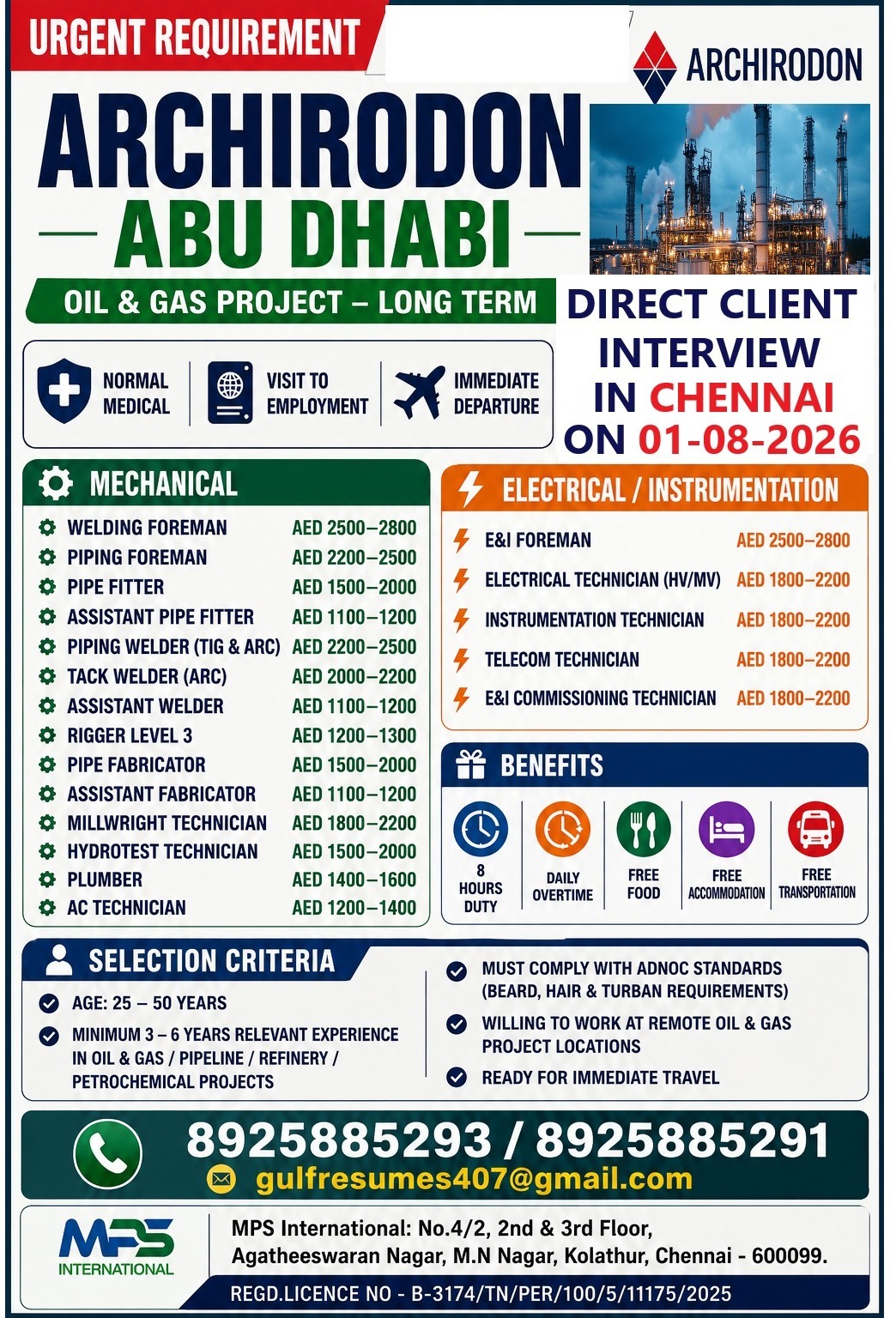 URGENT REQUIREMENT ARCHIRODON ABU DHABI OIL & GAS PROJECT – LONG TERM DIRECT CLIENT INTERVIEW IN CHENNAI ON 01-08-2026