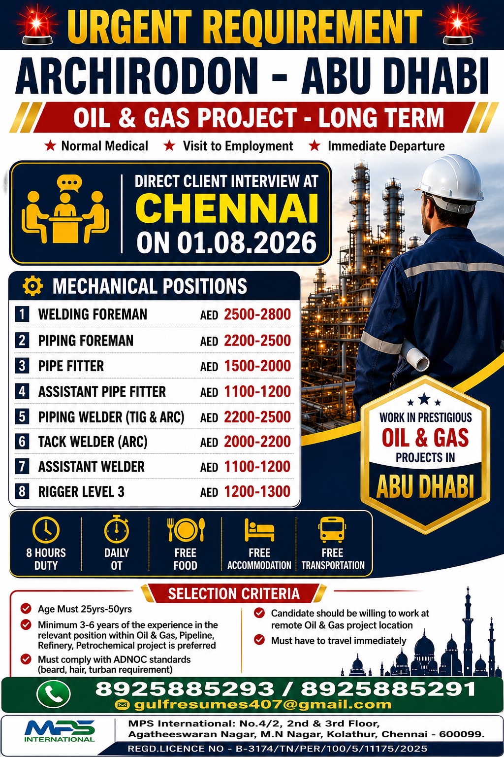 URGENT REQUIREMENT ARCHIRODON – ABU DHABI DIRECT CLIENT INTERVIEW AT CHENNAI ON 01.08.2026