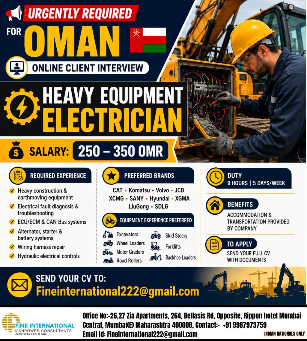 URGENTLY REQUIRED FOR OMAN COMPANY ONLINE CLIENT INTERVIEW HEAVY EQUIPMENT ELECTRICIAN