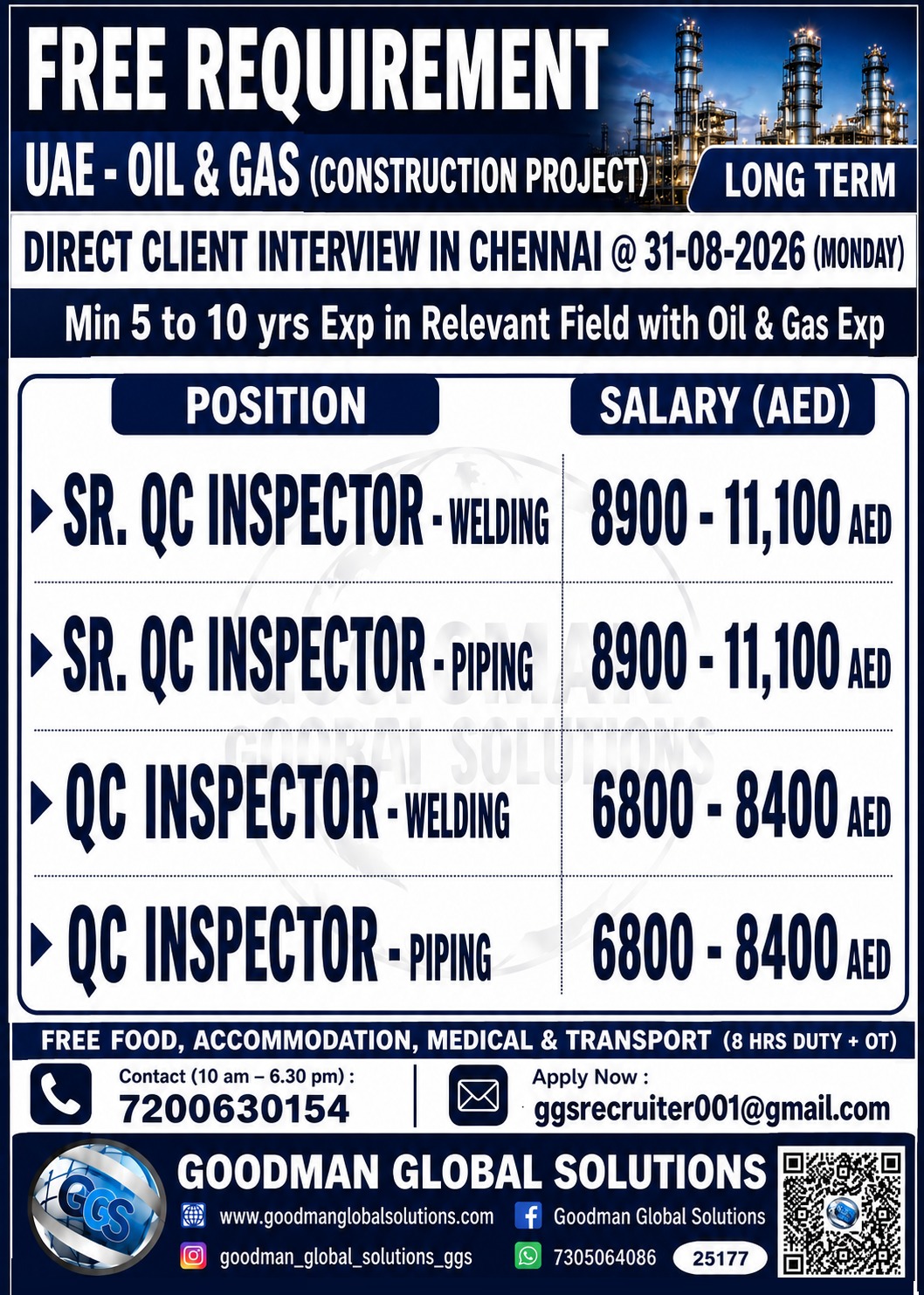 FREE REQUIREMENT – UAE – OIL & GAS – LONG TERM (CONSTRUCTION PROJECT ) DIRECT CLIENT INTERVIEW IN CHENNAI @31-08-2026( MONDAY )