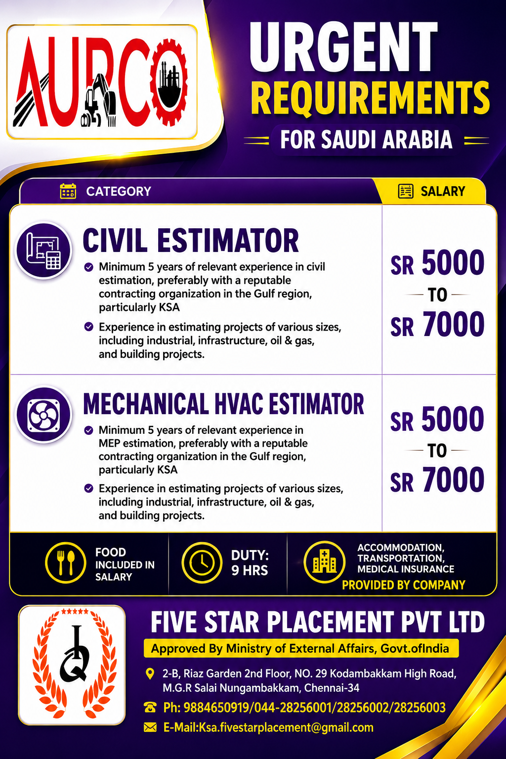 URGENT REQUIREMENT FOR SAUDI ARABIA
