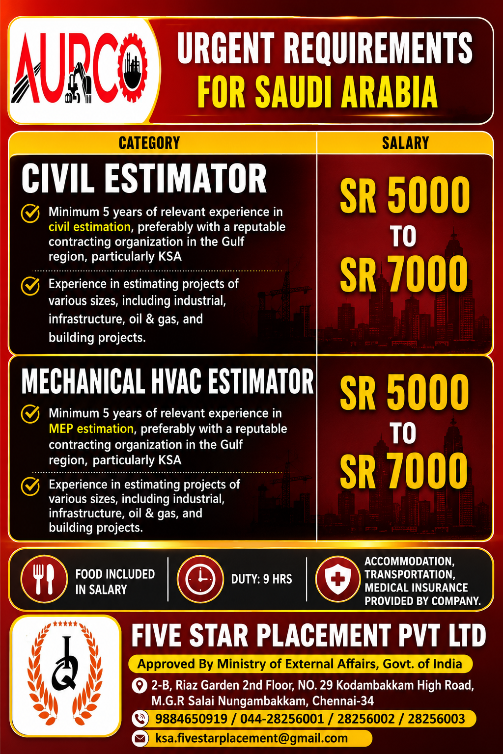 URGENT REQUIREMENT FOR SAUDI ARABIA