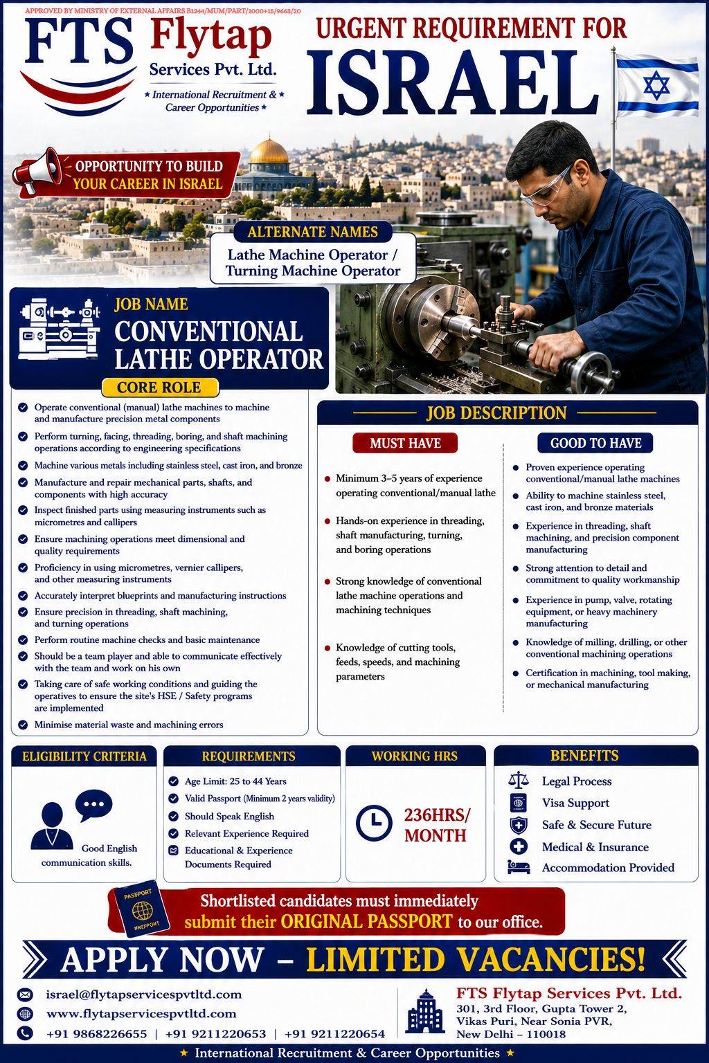 Urgent Requirement for Conventional Lathe Operator / Lathe Machine Operator / Turning Machine Operator in Israel.