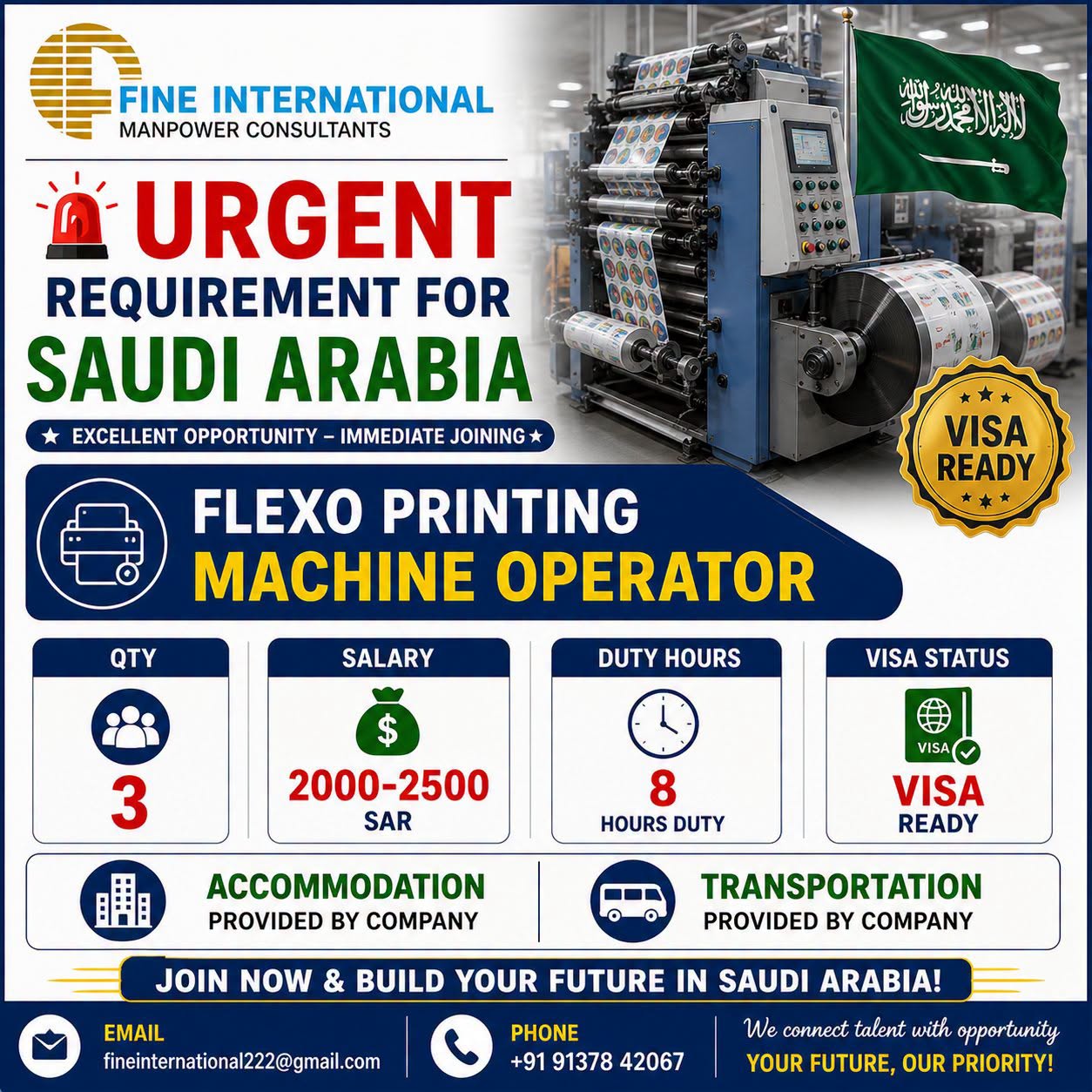 URGENT REQUIREMENT – SAUDI ARABIA COMPANY ONLINE CLIENT INTERVIEW Position: Flexo Printing Machine Operator