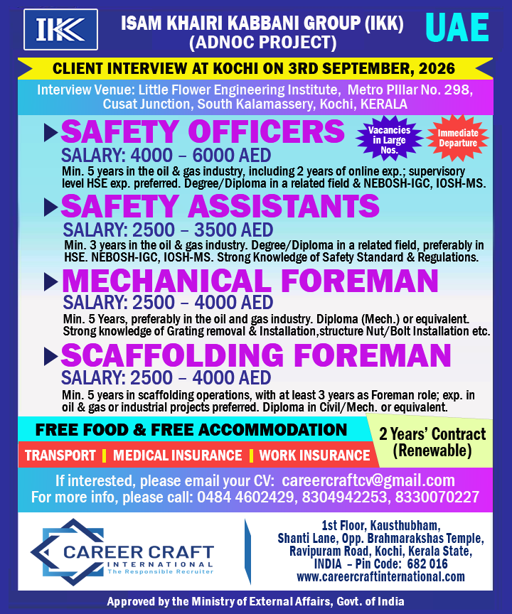 Direct Client Interview at Kochi on 3rd September, 2026 for IKK Group, UAE –
