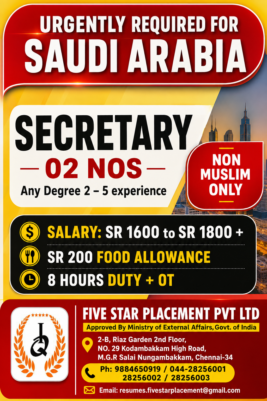 URGENT REQUIREMENT FOR SAUDI ARABIA