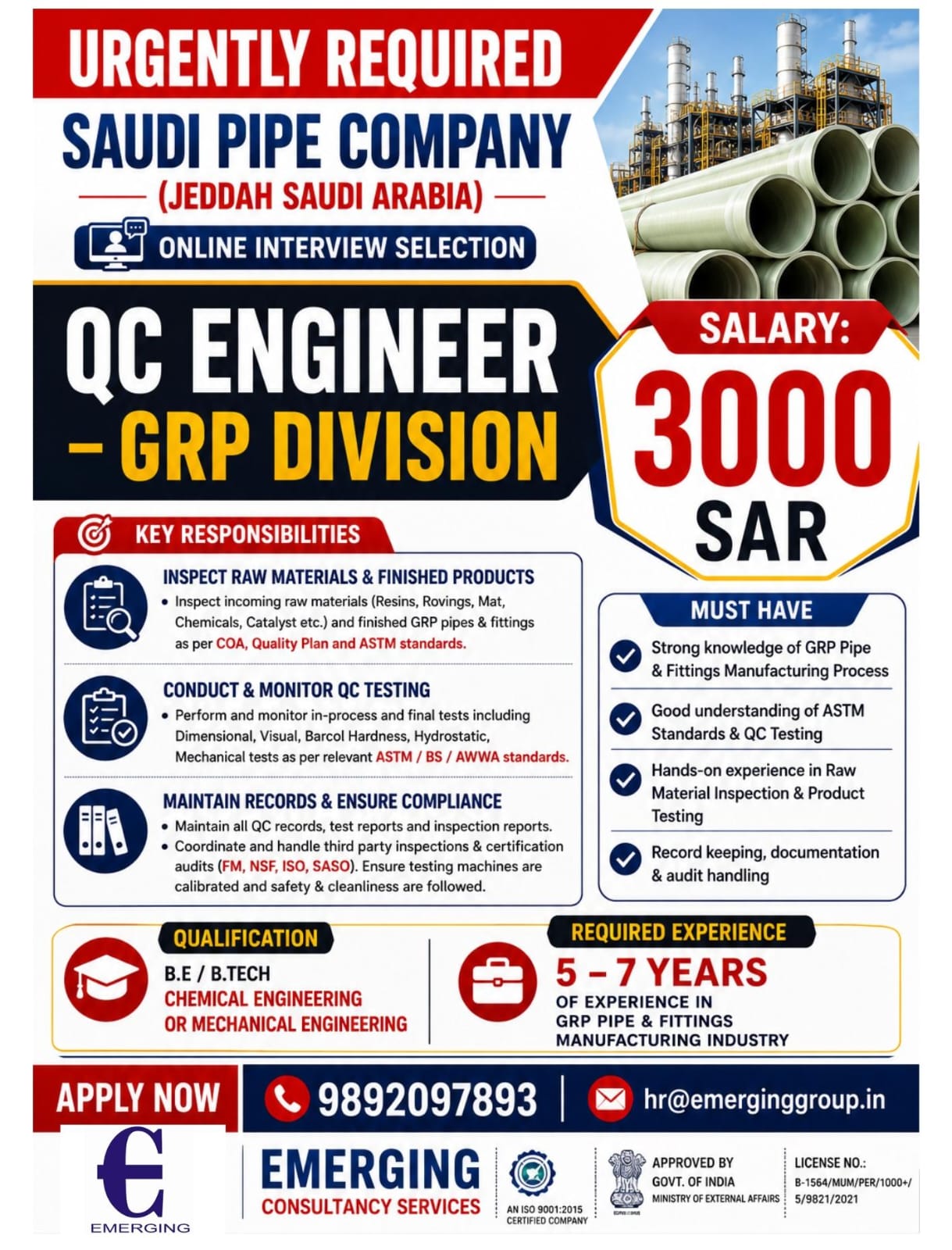 URGENTLY REQUIRED FOR SAUDI ARABIA PIPE COMPANY (JEDDAH)