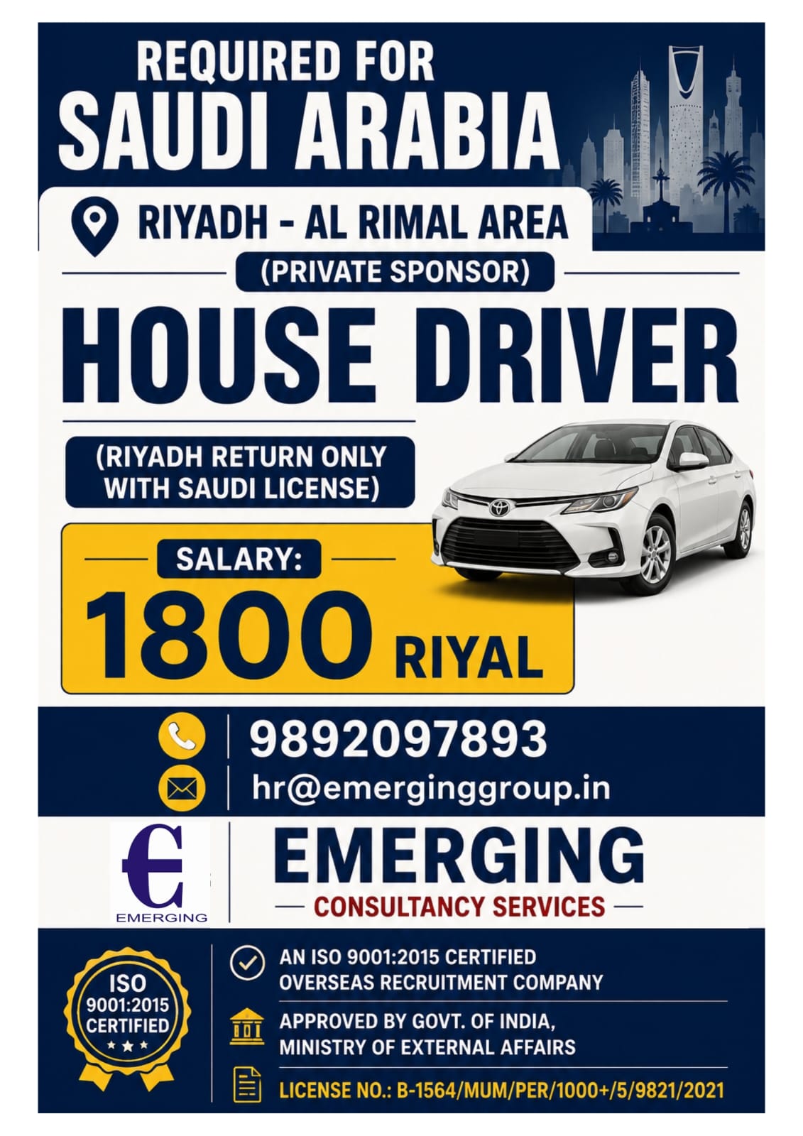 URGENTLY REQUIRED FOR SAUDI ARABIA RIYADH – AL RIMAL AREA