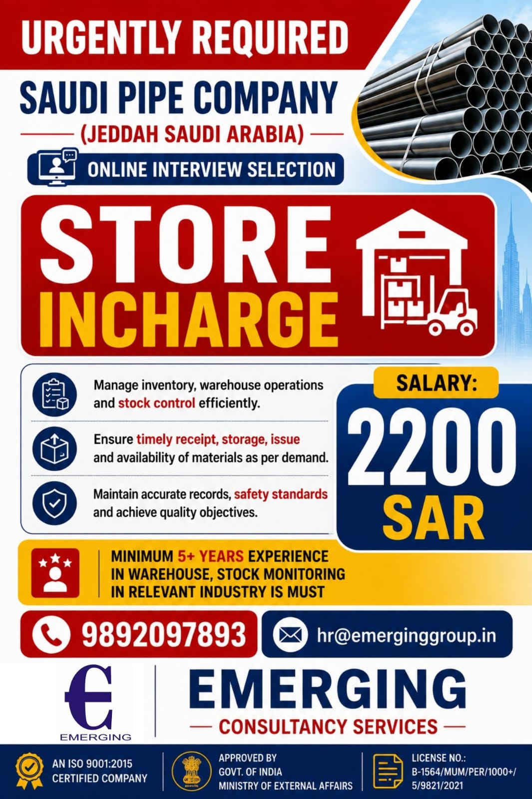 URGENTLY REQUIRED FOR SAUDI ARABIA PIPE COMPANY (JEDDAH)