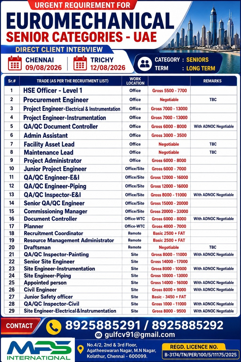 URGENT REQUIREMENT FOR EUROMECHANICAL SENIOR CATEGORIES – UAE DIRECT CLIENT INTERVIEW IN CHENNAI: 09/08/2026 IN TRICHY: 12/08/2026