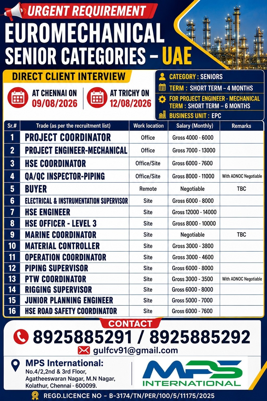 URGENT REQUIREMENT EUROMECHANICAL SENIOR CATEGORIES – UAE DIRECT CLIENT INTERVIEW At Chennai on: 09/08/2026 At Trichy on: 12/08/2026