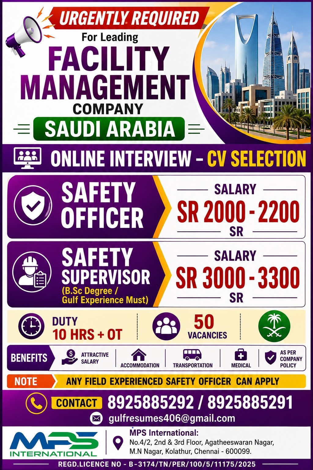 URGENTLY REQUIRED For Leading FACILITY MANAGEMENT COMPANY SAUDI ARABIA ONLINE INTERVIEW – CV SELECTION