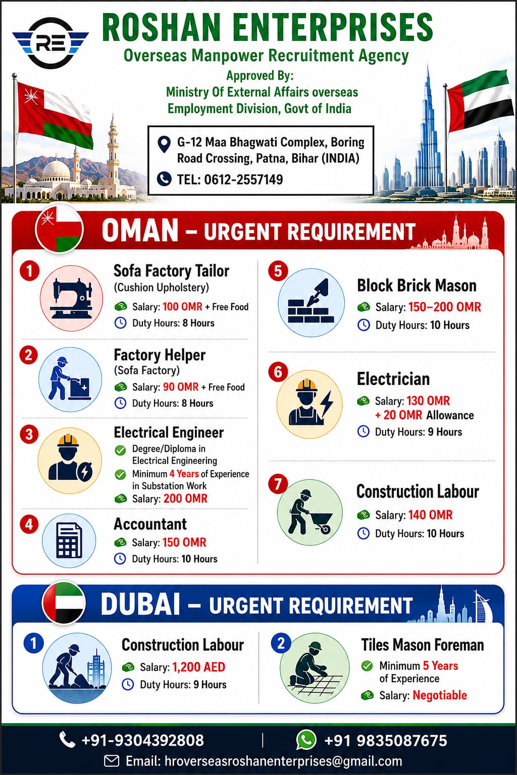 URGENT REQURIMENT FOR DUBAI& OMAN