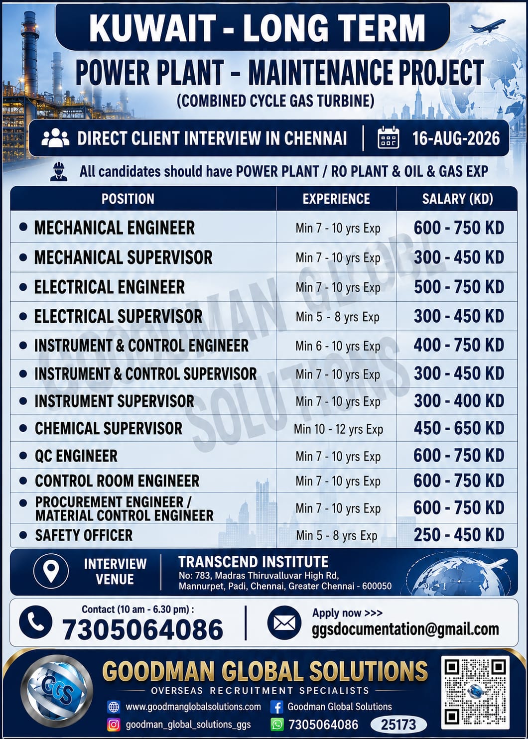 KUWAIT – LONG TERM (POWER PLANT PROJECT) DIRECT CLIENT INTERVIEW IN CHENNAI @ 16-08-2026
