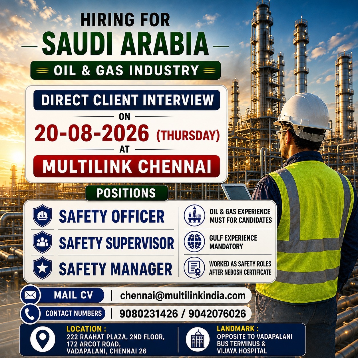 HIRING FOR SAUDI ARABIA – DIRECT CLIENT INTERVIEW – 20.08.26 @ MULTILINK CHENNAI