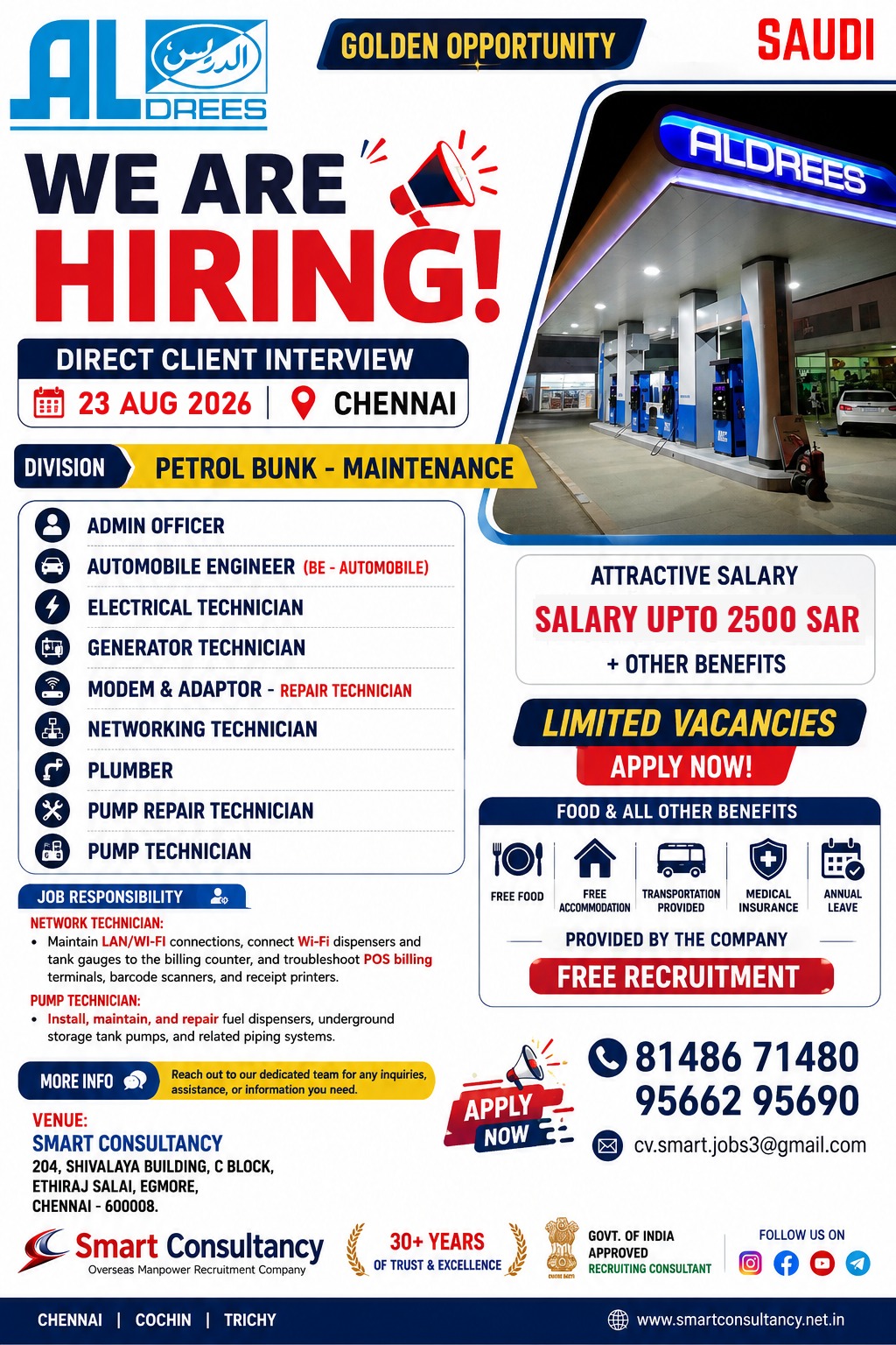 🚨 ALDREES SAUDI ARABIA – WE ARE HIRING! 🚨📅 Direct Interview: 23 Aug 2026 | 📍 Chennai