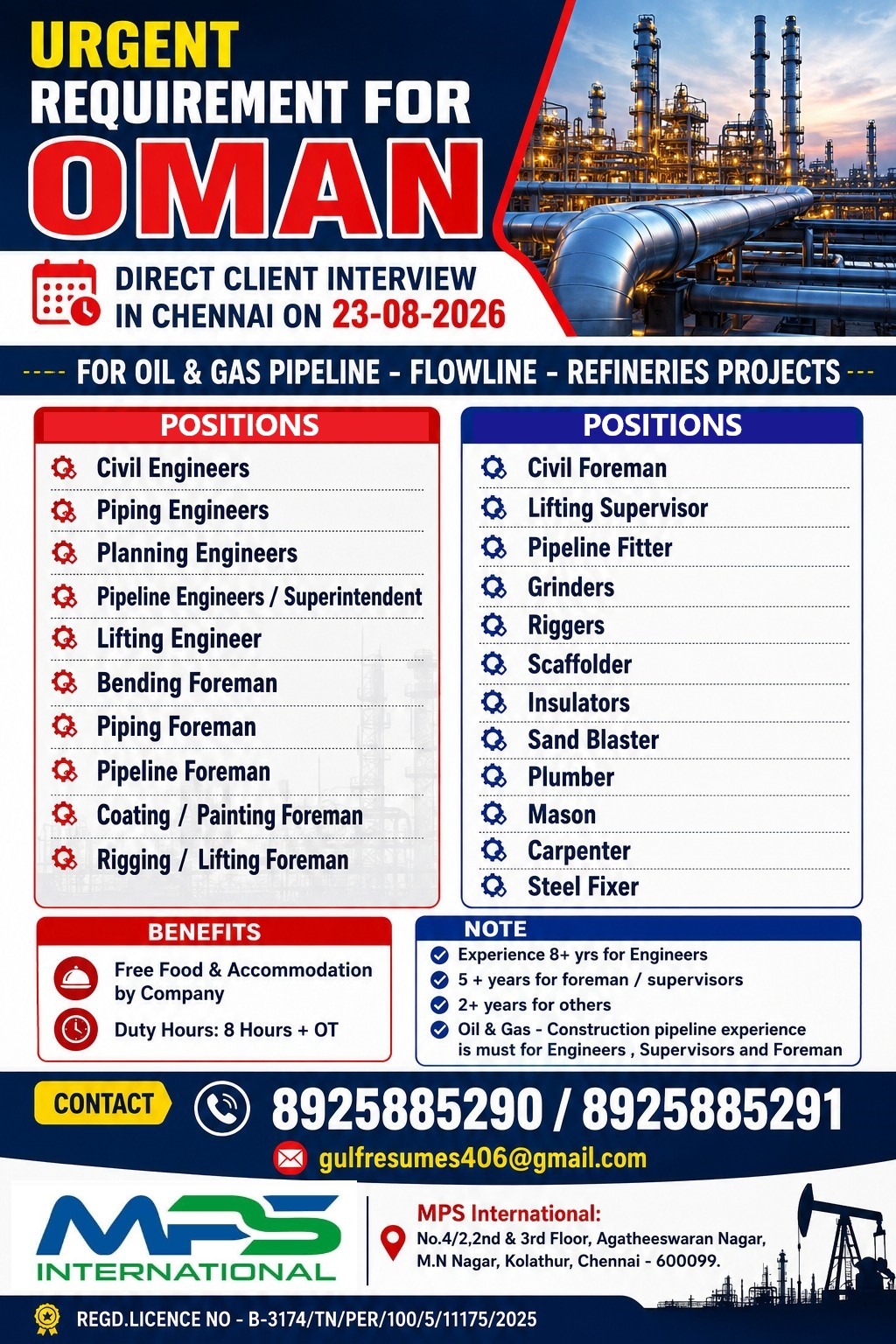 [URGENT REQUIREMENT FOR OMAN DIRECT CLIENT INTERVIEW IN CHENNAI ON 23-08-2026 FOR OIL & GAS PIPELINE – FLOWLINE – REFINERIES PROJECTS