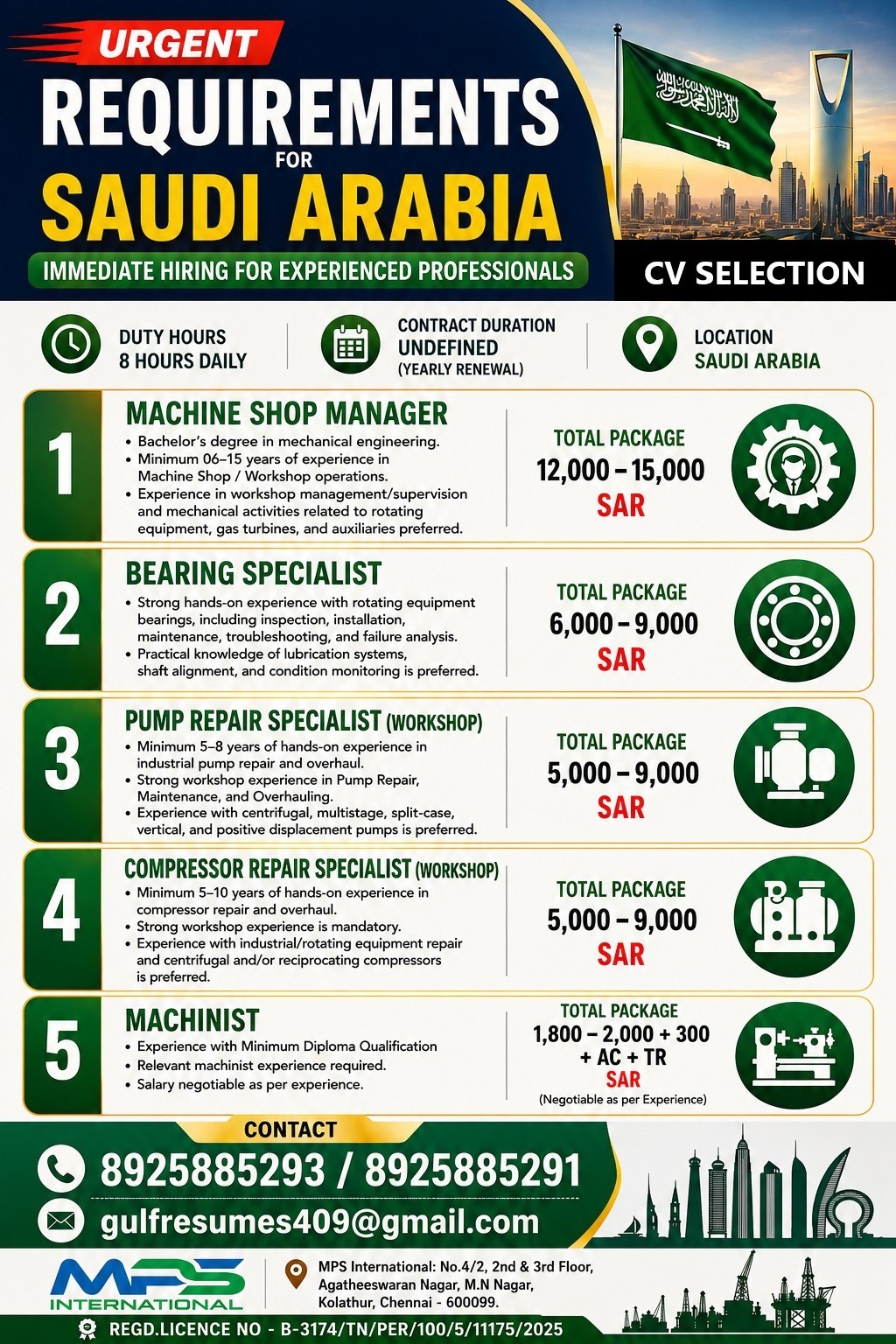 URGENT REQUIREMENTS FOR SAUDI ARABIA CV SELECTION