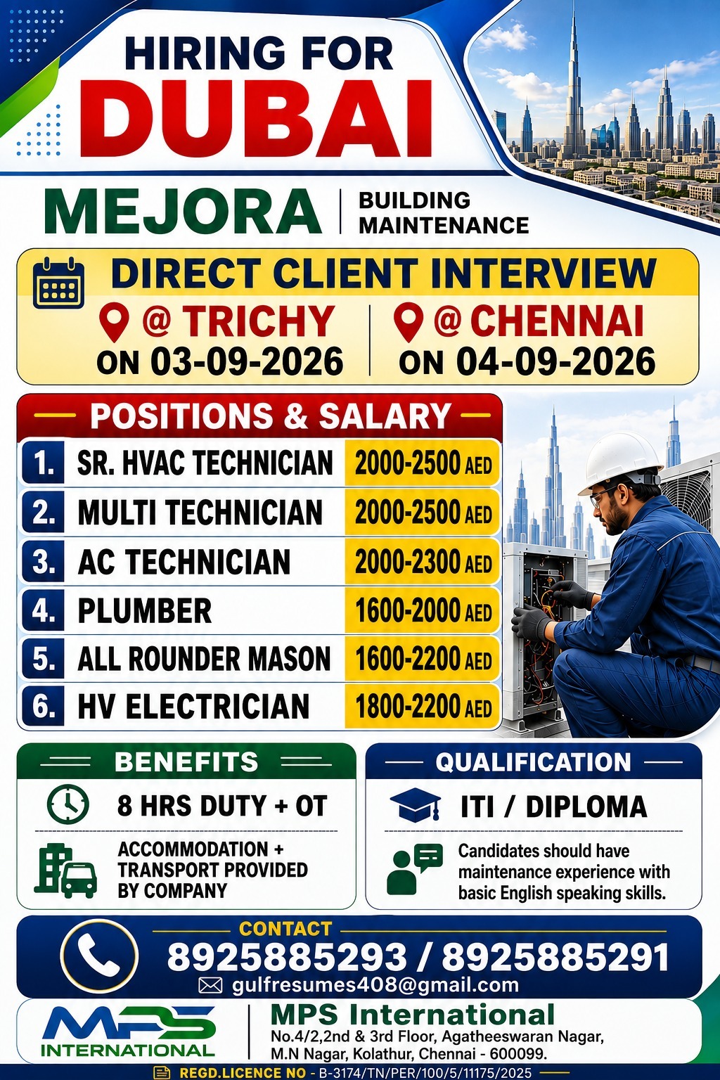 HIRING FOR DUBAI MEJORA | BUILDING MAINTENANCE DIRECT CLIENT INTERVIEW @ TRICHY — ON 03-09-2026 @ CHENNAI — ON 04-09-2026