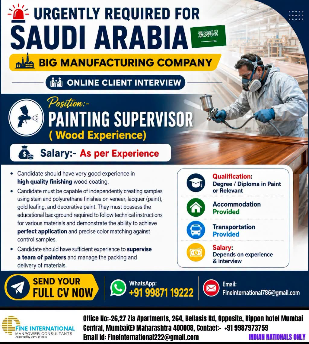 Painting Supervisor (Wood Finishing Experience)