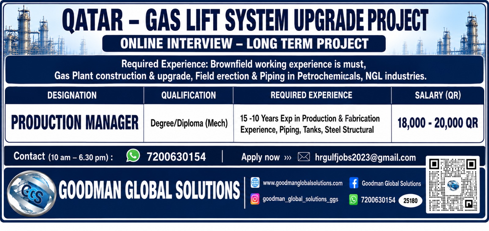 QATAR – GAS LIFT SYSTEM – UPGRADE PROJECT ONLINE INTERVIEW – LONG TERM PROJECT