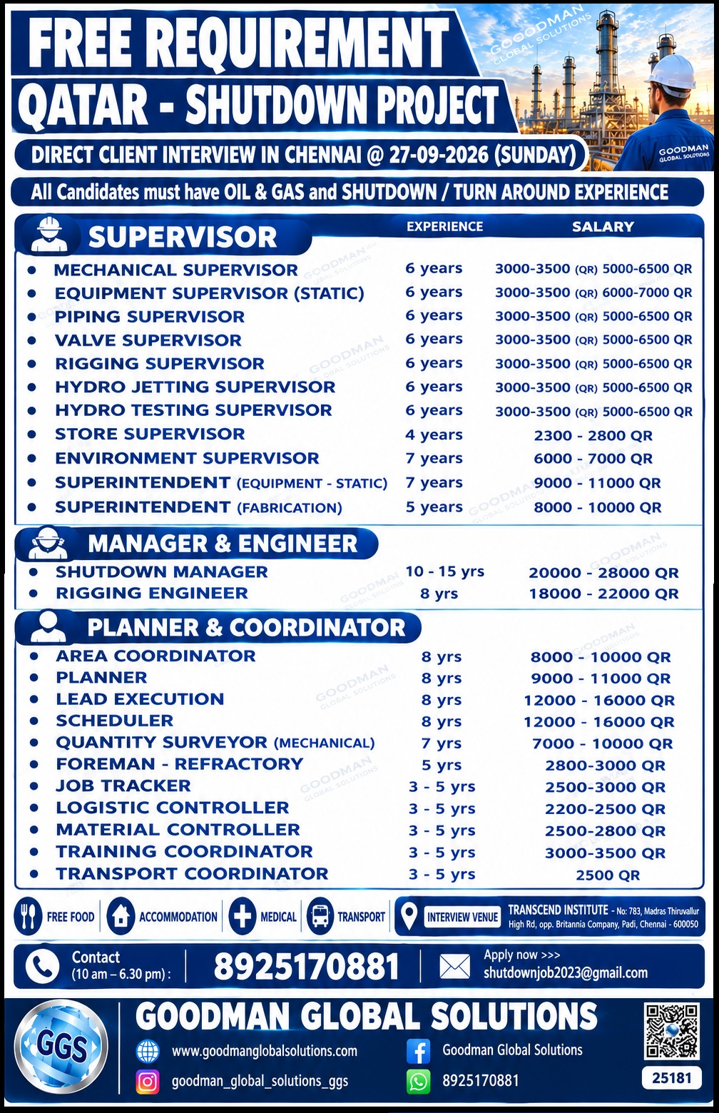 FREE REQUIREMENT – QATAR – SHUTDOWN PROJECT DIRECT CLIENT INTERVIEW IN -CHENNAI @27-09-2026 (SUNDAY) 