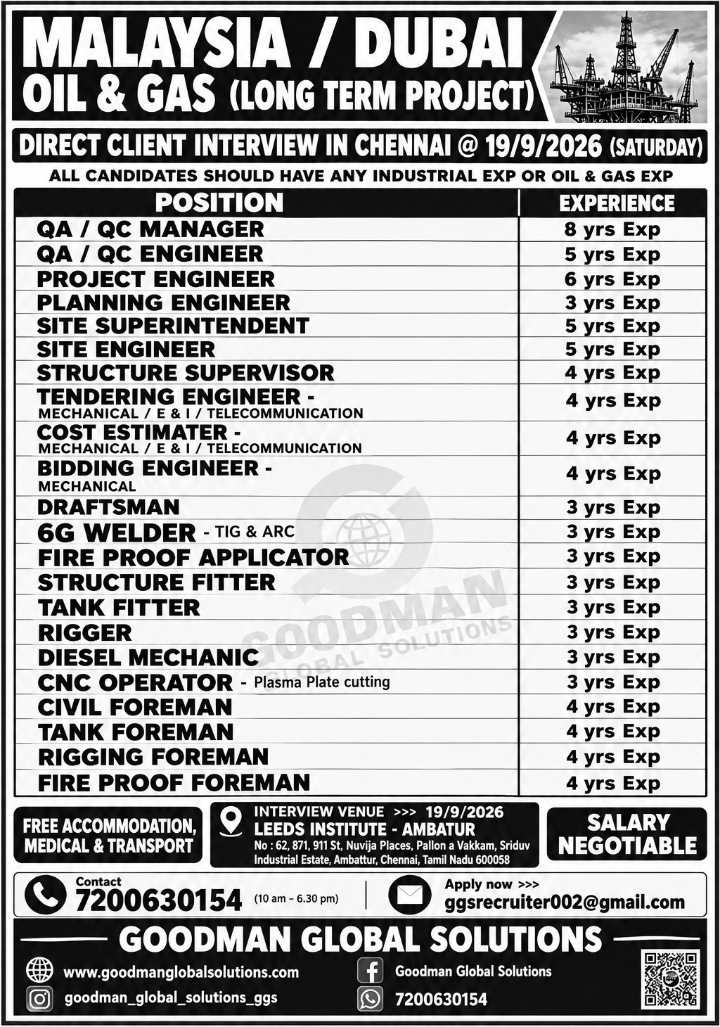 MALAYSIA / DUBAI – OIL & GAS (LONG TERM PROJECT) DIRECT CLIENT INTERVIEW IN CHENNAI @  19/9/2026