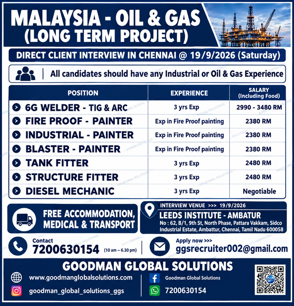 MALAYSIA – OIL & GAS (LONG TERM PROJECT) DIRECT CLIENT INTERVIEW IN CHENNAI @ 17, 18, 19 – SEP – 2026