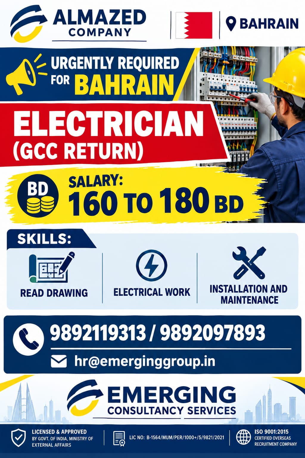 Urgently Required for Bahrain – Electrician (GCC Return)