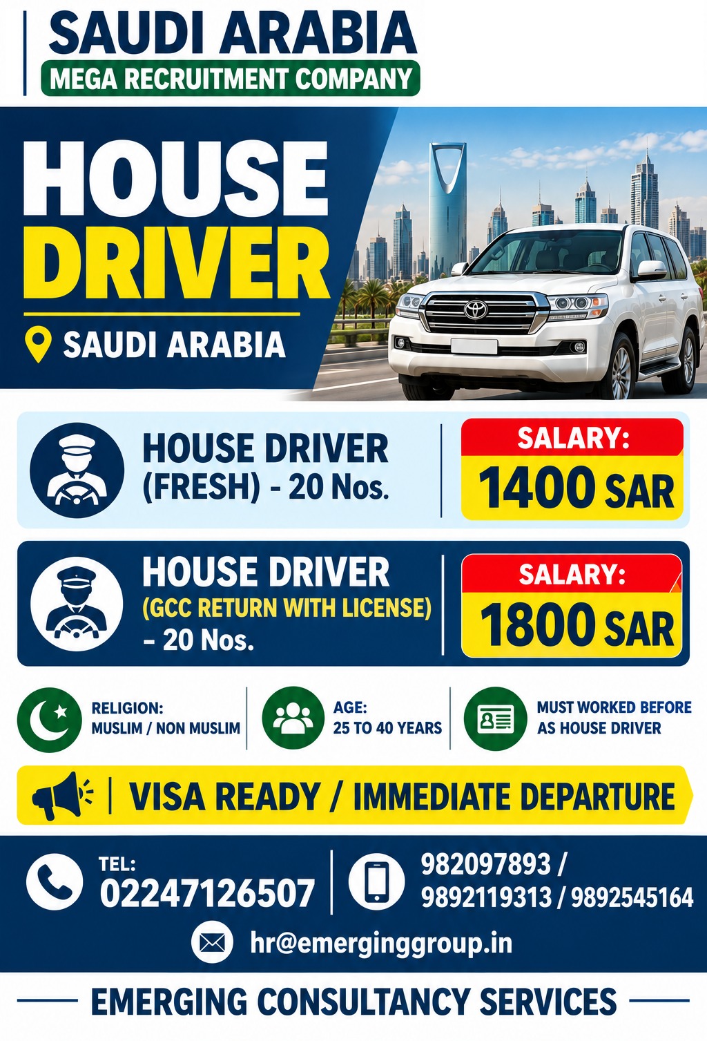 Urgently Required for Saudi Arabia – House Driver (Fresh & GCC Return)