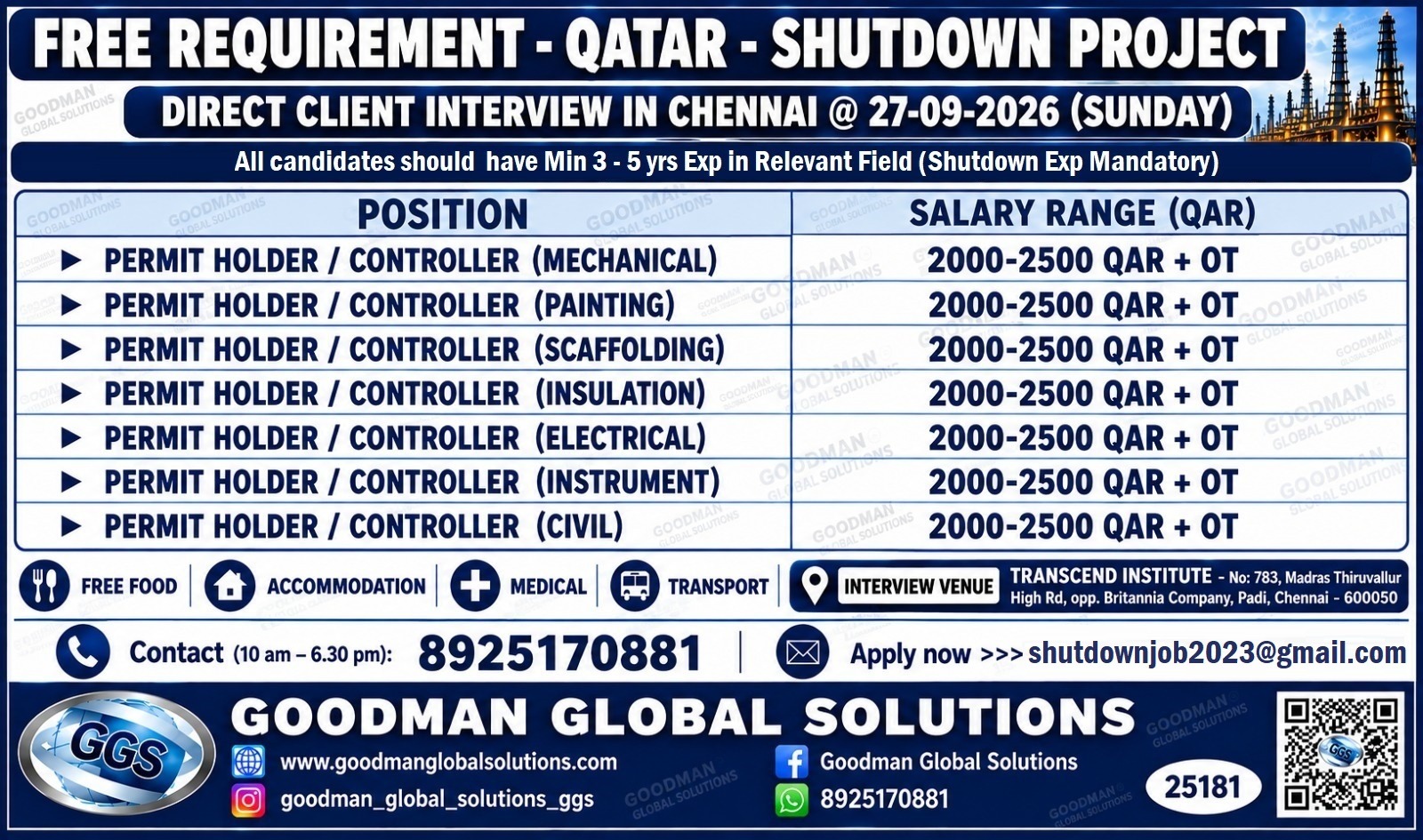 FREE REQUIREMENT – QATAR – SHUTDOWN PROJECT DIRECT CLIENT INTERVIEW IN -CHENNAI @27-09-2026 (SUNDAY)