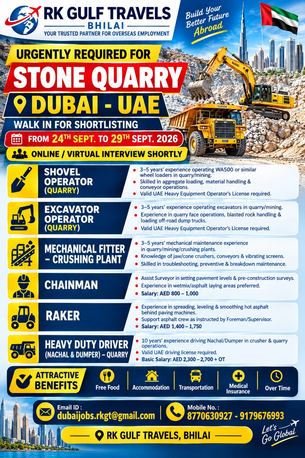 HIRING FOR A LEADING CEMENT QUARRIES & STONE CRUSHER – DUBAI (UAE).