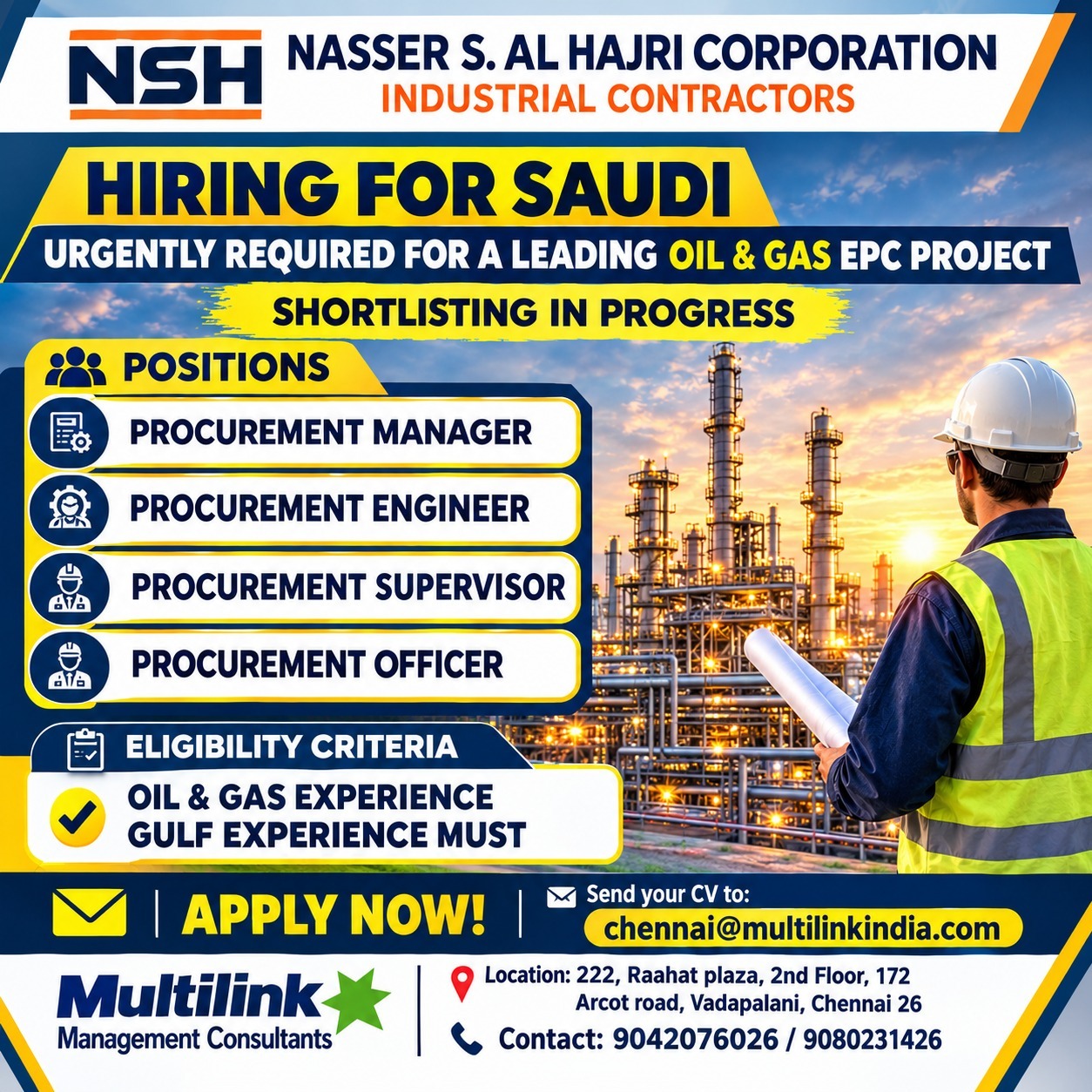 HIRING FOR SAUDI ARABIA – REQUIRED URGENTLY FOR LEADING OIL & GAS EPC PROJECT