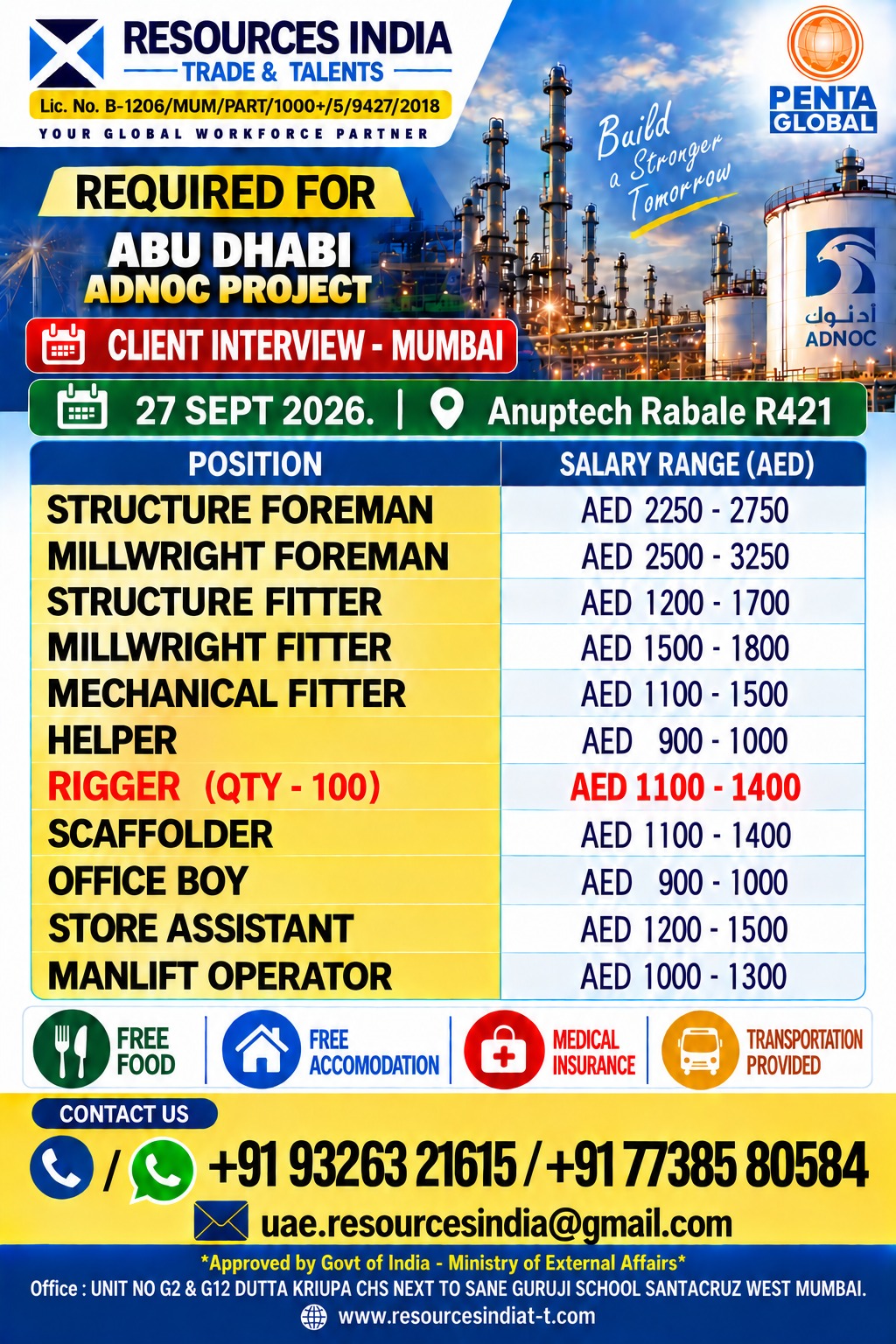 Large Vacancies For Abu Dhabi – Walk-in Interview on 27/09/ 2026