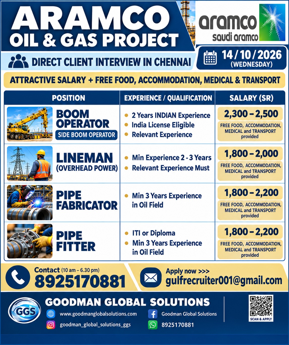 SAUDI ARAMCO PROJECT  DIRECT CLIENT INTERVIEW IN CHENNAI ON 14-10-2026