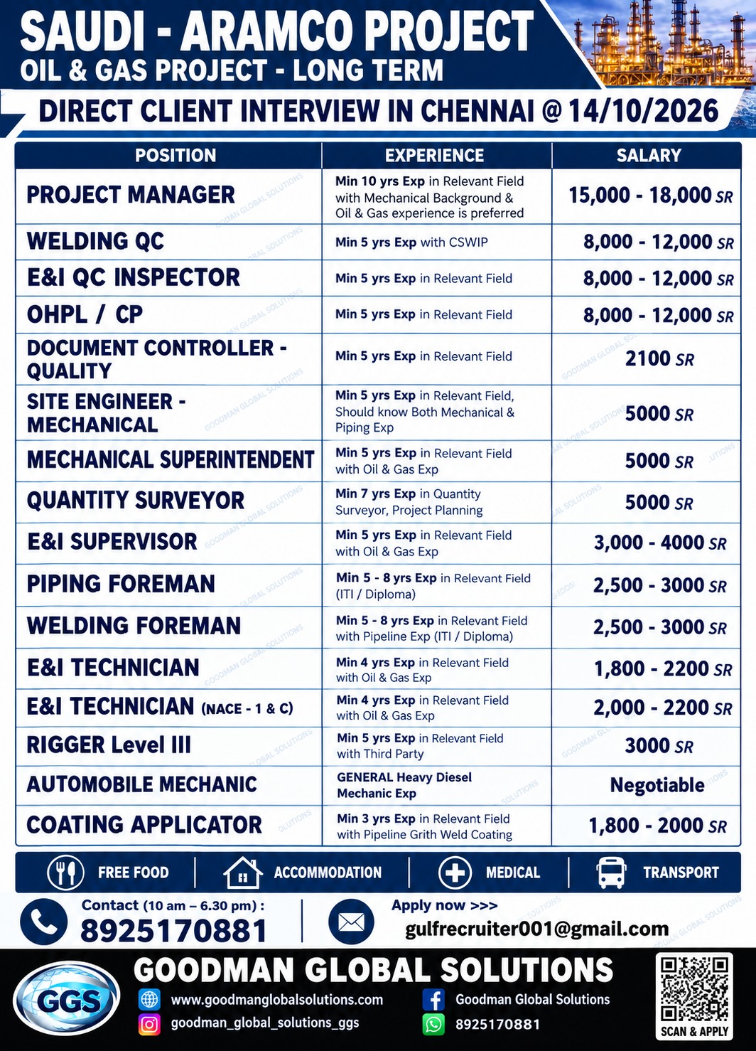 SAUDI ARAMCO PROJECT  DIRECT CLIENT INTERVIEW IN CHENNAI ON 14-10-2026