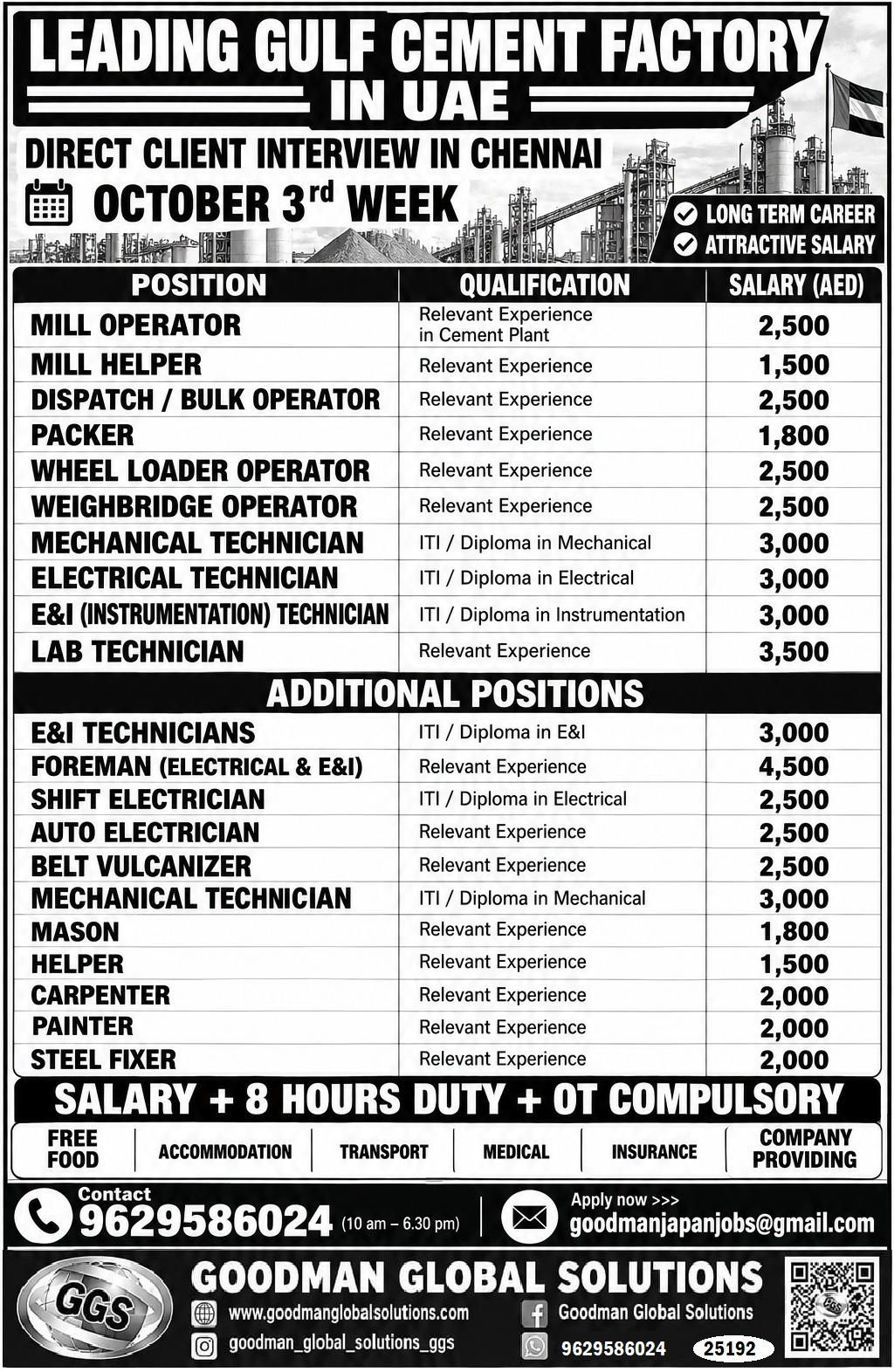 UAE  – CEMENT FACTORY DIRECT CLIENT INTERVIEW IN CHENNAI @ OCT 3rd WEEK
