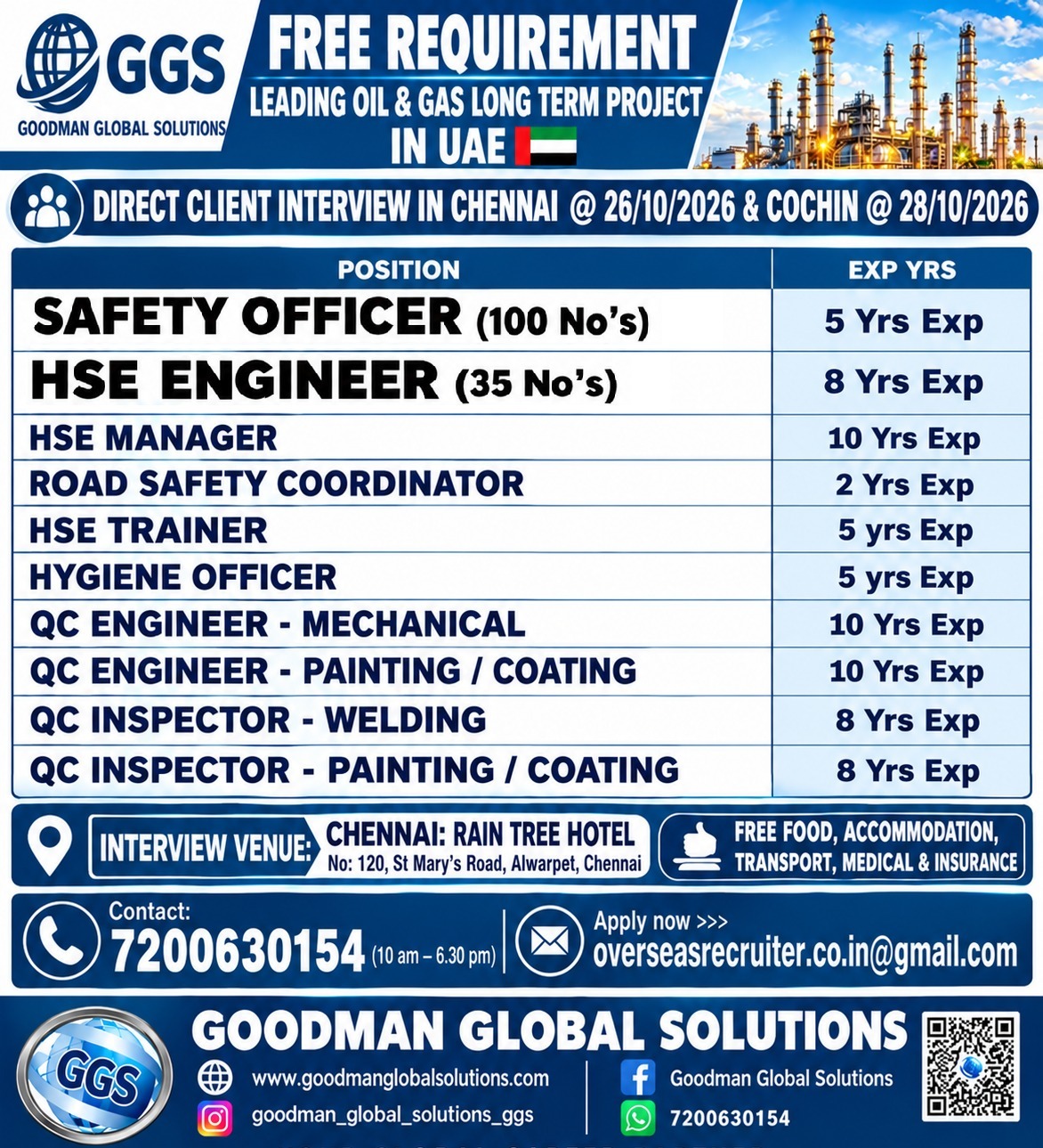 FREE REQUIREMENT – UAE   DIRECT CLIENT INTERVIEW IN CHENNAI @ OCT -26 -2026 – Cochin: 28/10/2026.