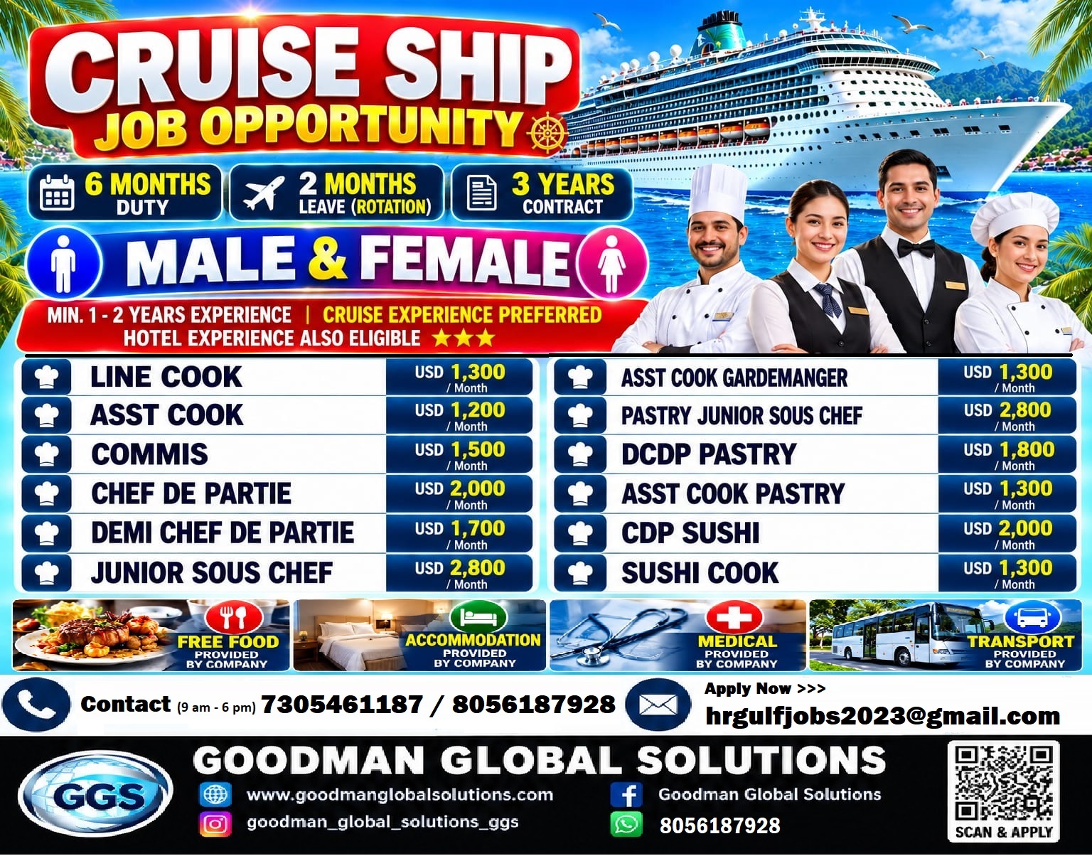 CRUSIE SHIP JOB OPPORTUNITY ROTATION JOB – 6 MONTH DUTY 2 MONTHS OFF