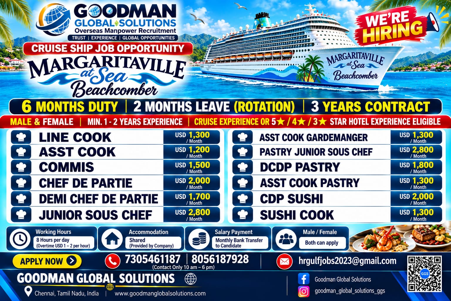 CRUSIE SHIP JOB OPPORTUNITY ROTATION JOB – 6 MONTH DUTY 2 MONTHS OFF
