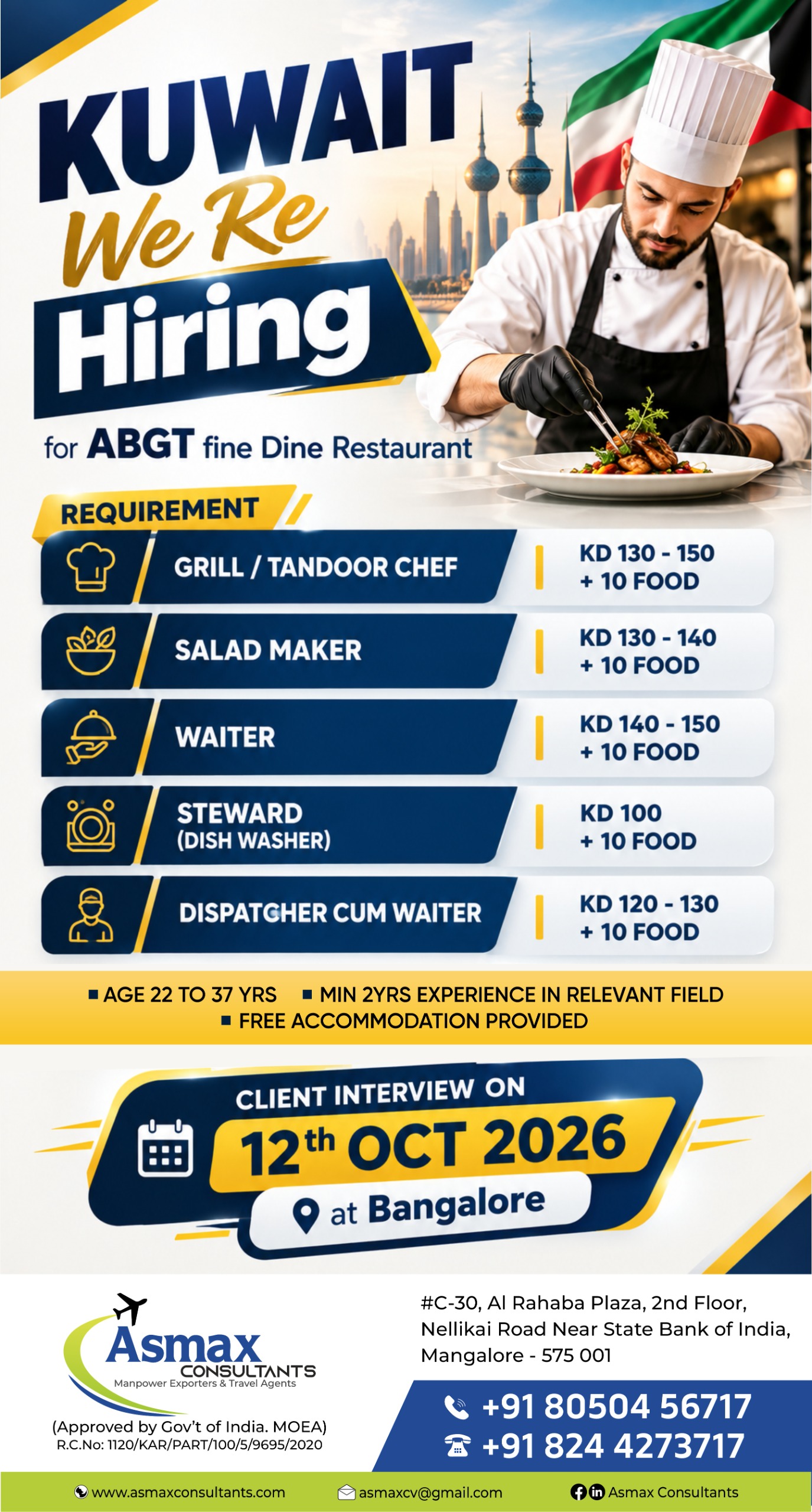 WE’RE HIRING FOR ABGT FINE DINE RESTUARANT KUWAIT CLIENT INTERVIEW ON 12TH OCT 2026