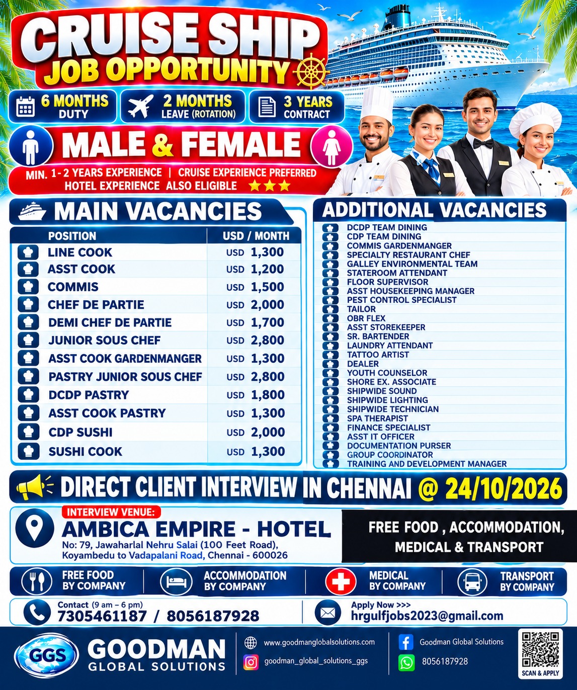 CRUSIE SHIP JOB OPPORTUNITY ROTATION JOB – 6 MONTH DUTY 2 MONTHS OFF