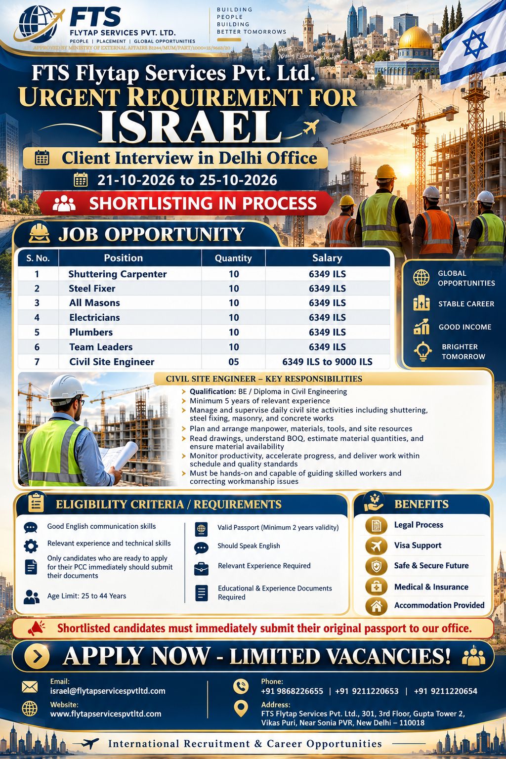 🚨 URGENT HIRING FOR ISRAEL – CONSTRUCTION PROJECT 🇮🇱 LIENT INTERVIEW – DELHI OFFICE 📅 Interview Dates: 21 October 2026 to 25 October 2026