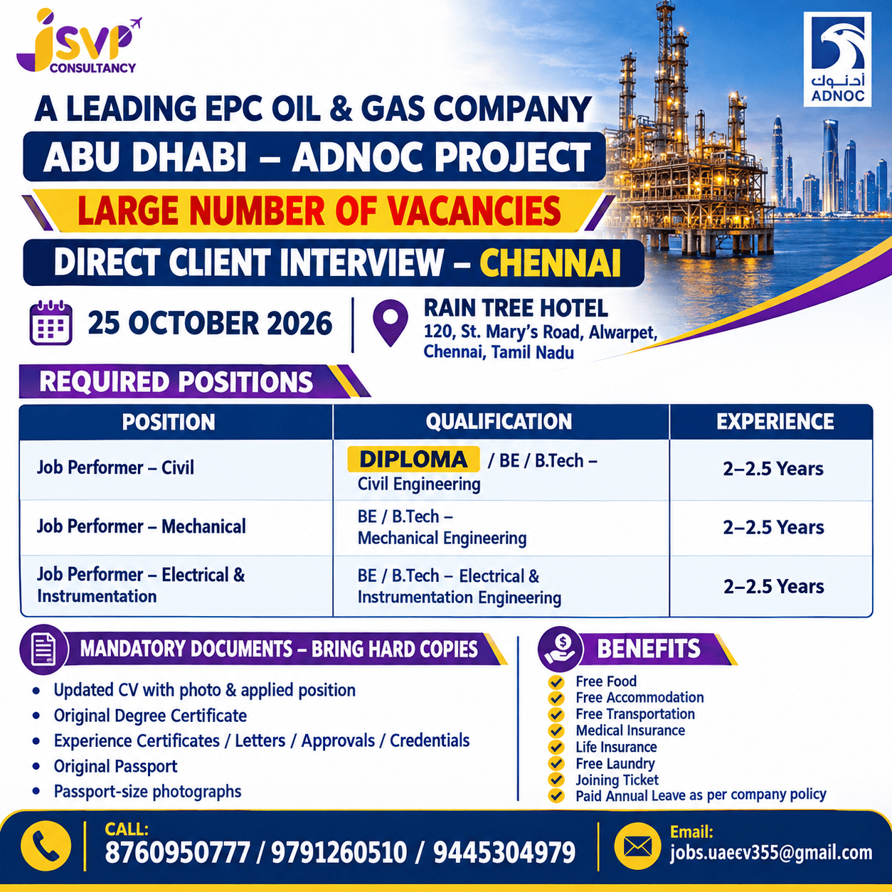 ADNOC PROJECT JP/JUNIOR ENGINEER CIVIL ELECTRICAL,INSTRUMENT & MECHANICAL