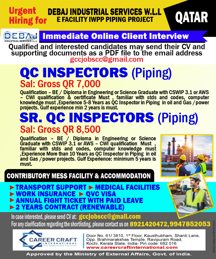 Urgent requirement of QC Inspectors for Qatar –