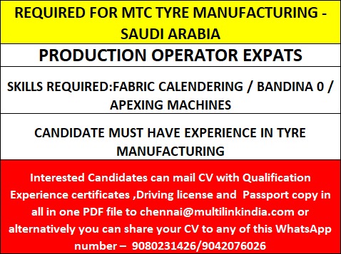 TYRE MANUFACTURING – SAUDI ARABIA REQUIRED.