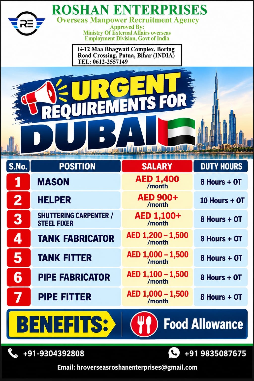 URGENT REQURIMENT FOR DUBAI
