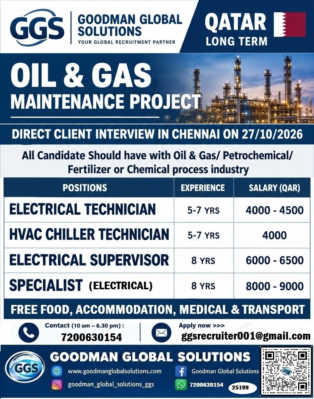 QATAR – LONG TERM (OIL & GAS MAINTENANCE – PROJECT) DIRECT CLIENT INTERVIEW IN CHENNAI @ 27/10/2026